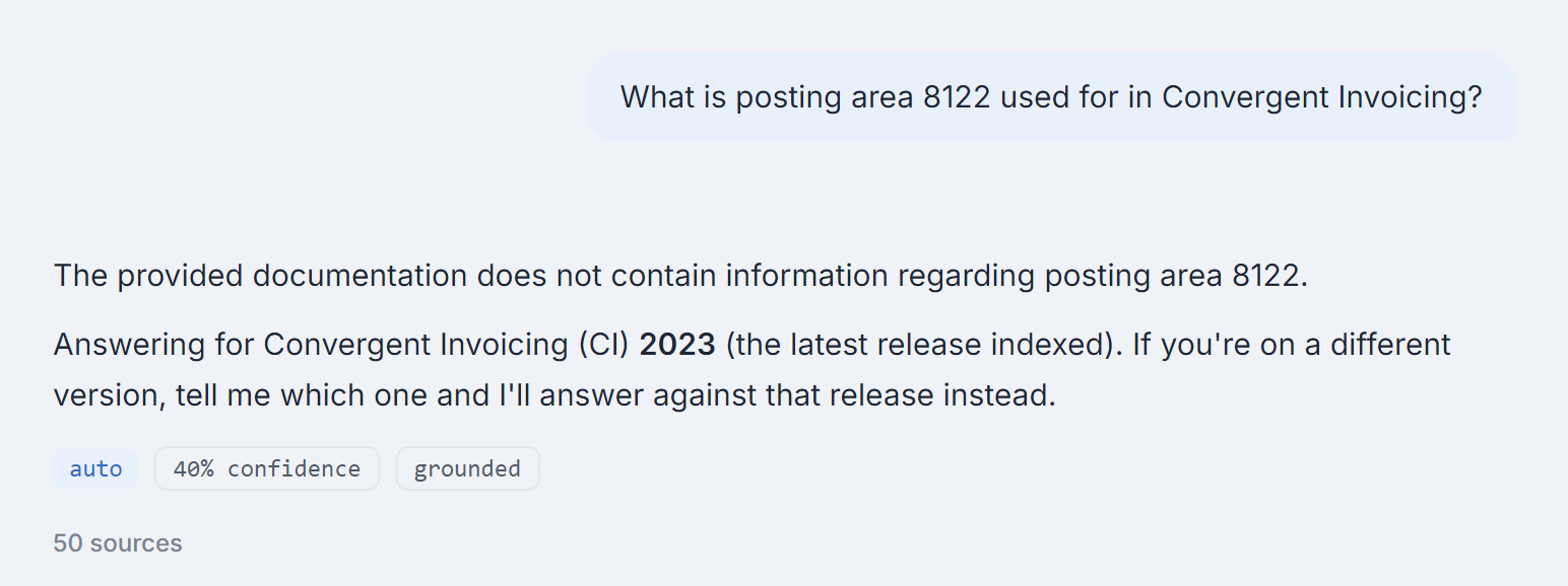 The same product asked what posting area 8122 is used for in Convergent Invoicing. The reply states that the provided documentation does not contain information regarding posting area 8122, names the release it answered against, and shows 40 percent confidence.
